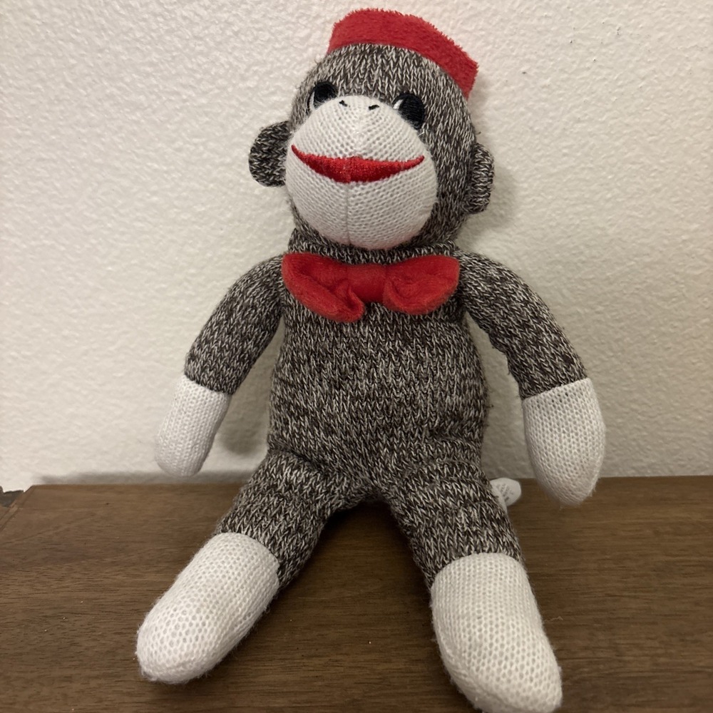 Sock Monkey Plush Stuffed Animal Small 10" Red Hat Bow Washable